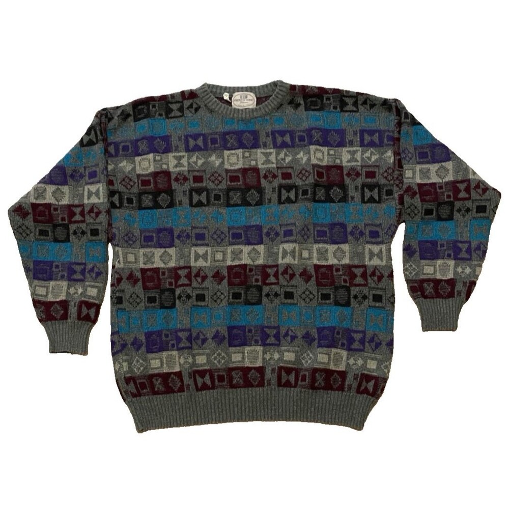 Vintage Pronto Uomo Fair Isle Crew Neck Pullover Acrylic Sweater Medium Italy